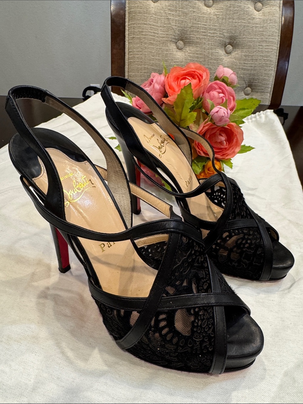Authentic Christian Louboutin Black Lace Crisscross Slingback Heels